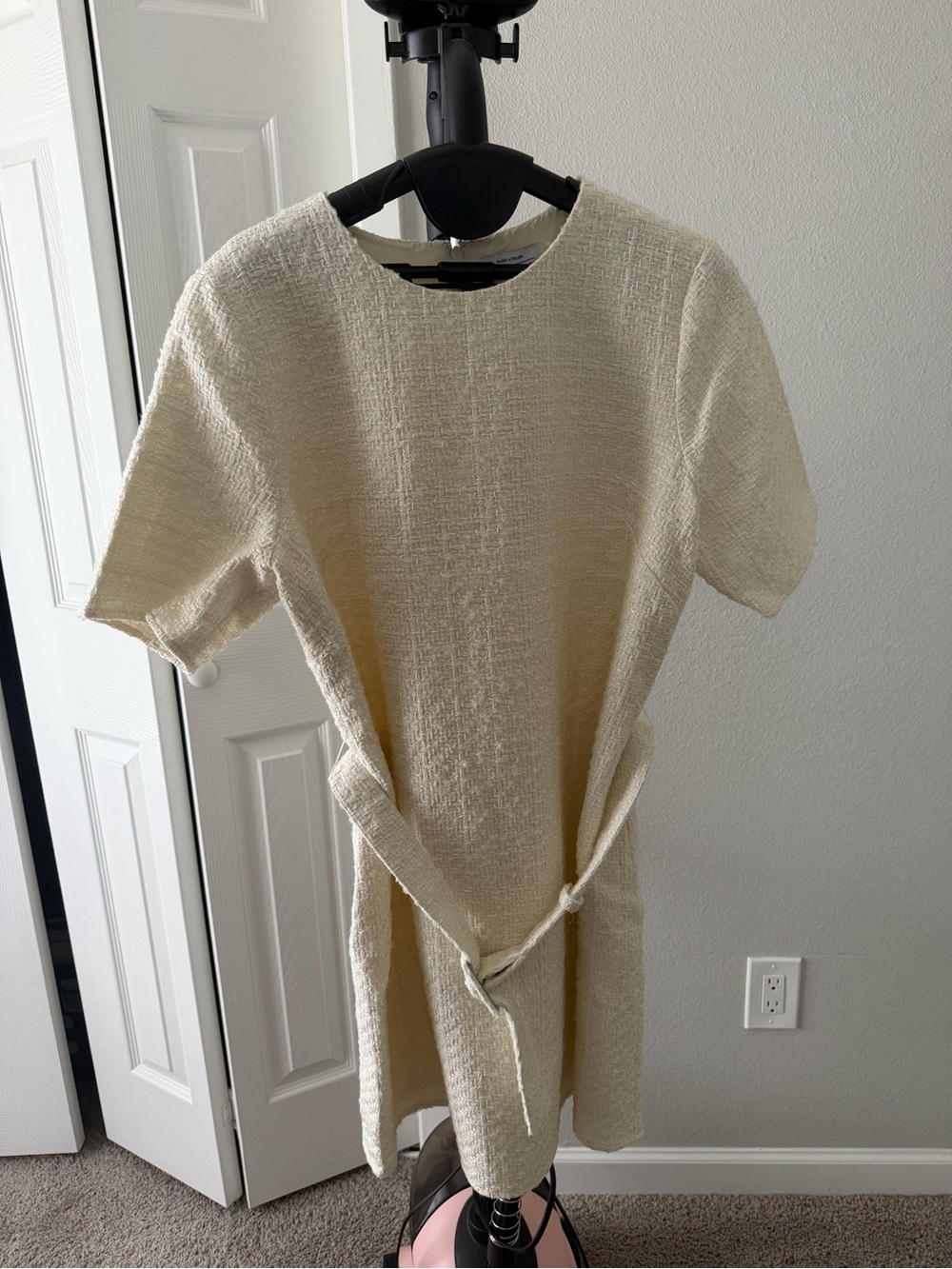 & Other Stories Cream Tweed Short-Sleeve Belt Dress